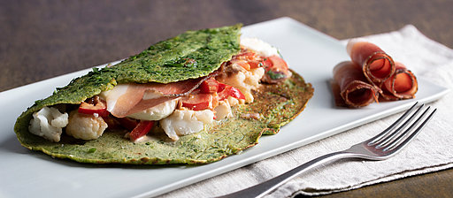 Pancake verdi allo Speck Alto Adige IGP con ripieno di cavolfiore Pancake verdi allo Speck Alto Adige IGP con ripieno di cavolfiore